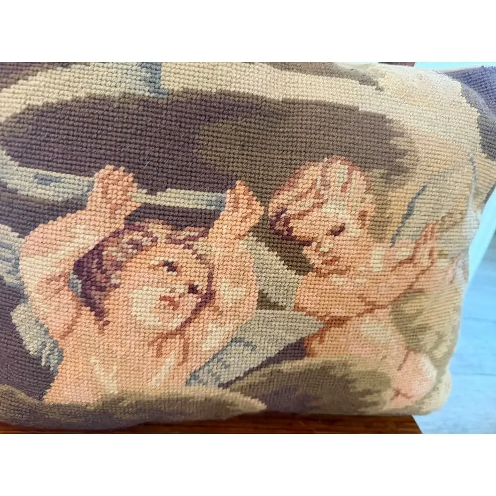 Vintage Needlepoint Cherub Angel Decorative Pillow 12” x 16” – Removable Insert